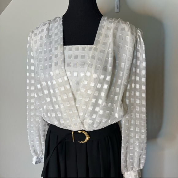 D’ALLAIRDS Vintage 80’s Dress Sheer Long Sleeves Shoulder Pads A-Line Large - Picture 2 of 12